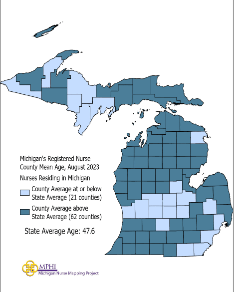 map depicting nurse mean age by county in 2023